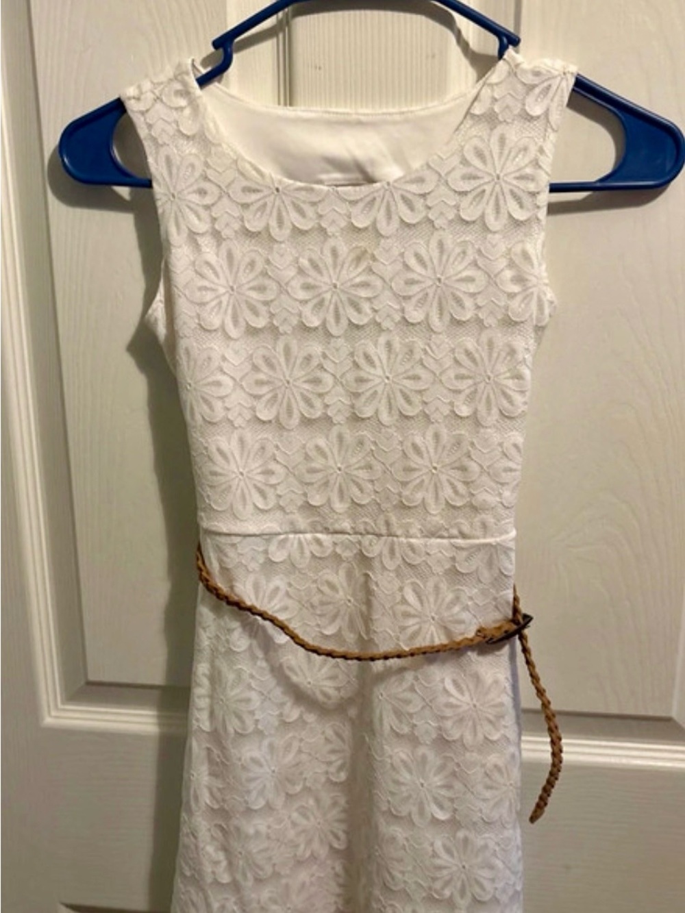 The Children's Place White Floral Lace Dress with Braided Tan Belt